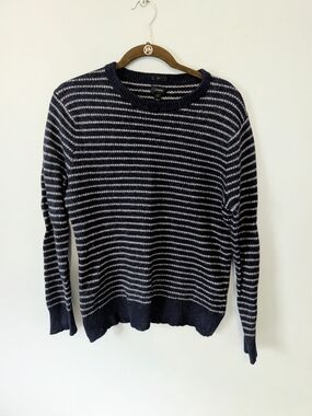 J. Crew Slim Wool Blend Knitted Navy & Grey Striped Crewneck Sweater Size Large